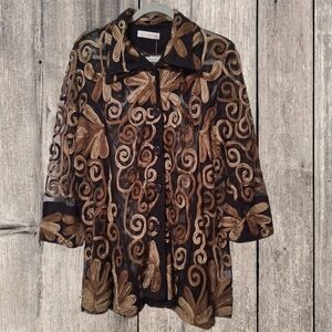 Keren Hart  Black Jacket with Gold Swirl Design. Sheer shirt jacket. Large NWT